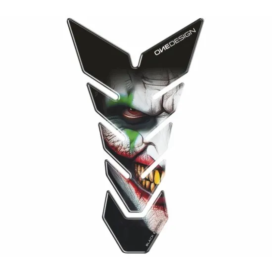 Протектор за резервоар OneDesign Monster Face с 3D гел Joker дизайн - зелено лице, червени очи и оголени зъби, черна рамка