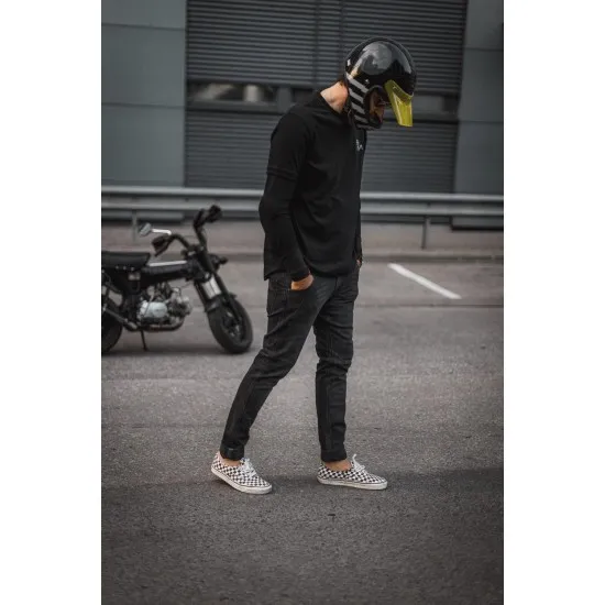 Тъмно-сиви slim-fit мото дънки Pando Moto Casual Robby 03 от Cordura деним с черен колан, отразяващи маншети и задни джобове