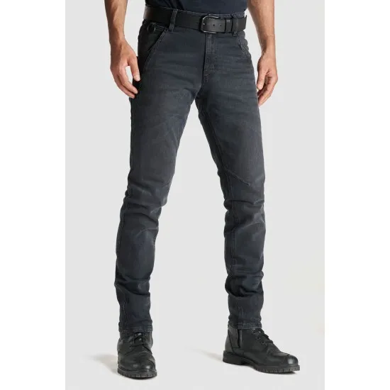 Тъмно-сиви slim-fit мото дънки Pando Moto Casual Robby 03 от Cordura деним с черен колан, отразяващи маншети и задни джобове