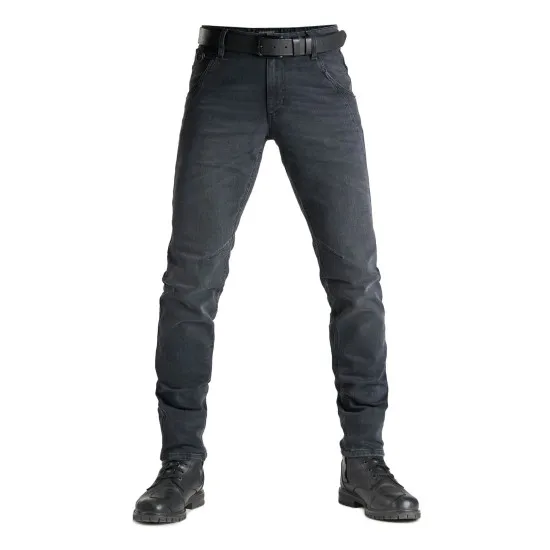 Тъмно-сиви slim-fit мото дънки Pando Moto Casual Robby 03 от Cordura деним с черен колан, отразяващи маншети и задни джобове