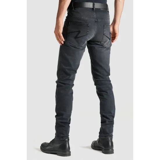 Тъмно-сиви slim-fit мото дънки Pando Moto Casual Robby 03 от Cordura деним с черен колан, отразяващи маншети и задни джобове