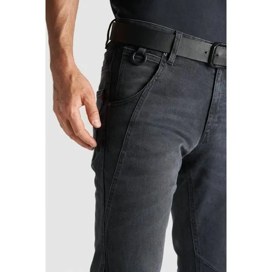 Тъмно-сиви slim-fit мото дънки Pando Moto Casual Robby 03 от Cordura деним с черен колан, отразяващи маншети и задни джобове