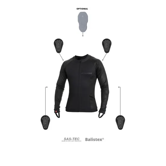Черна мотоциклетна защитна риза Pando Moto Shell UH 03 с ципов затвор, mesh панели по ръкавите и лого на гърдите, показана с