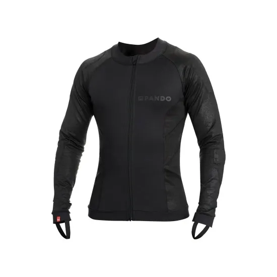 Черна мотоциклетна защитна риза Pando Moto Shell UH 03 с ципов затвор, mesh панели по ръкавите и лого на гърдите, показана с