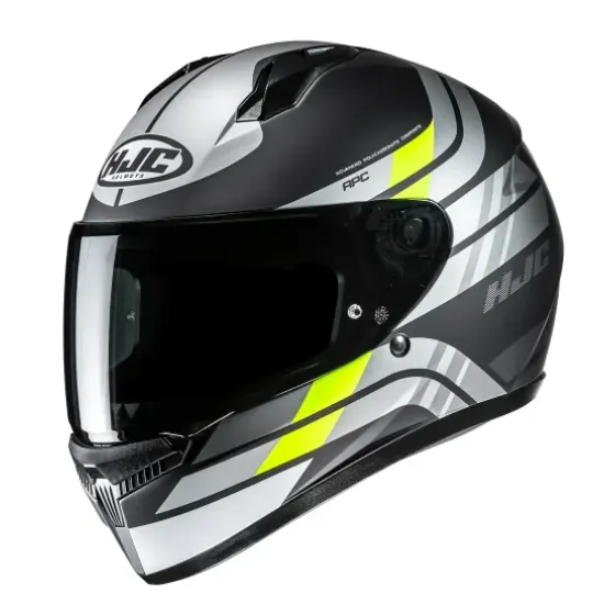 HJC C10 HIPER MC3HSF full-face каска в матово сиво-бяло с флуоресцентно жълта централна ивица, прозрачен визьор HJ-34P и APC