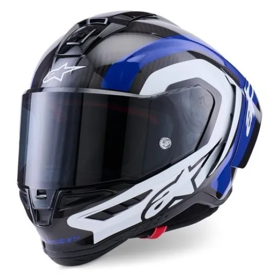 Alpinestars Supertech R10 Arius каска в черно, синьо и бяло - преден изглед с тонирано визьор и карбонова черупка