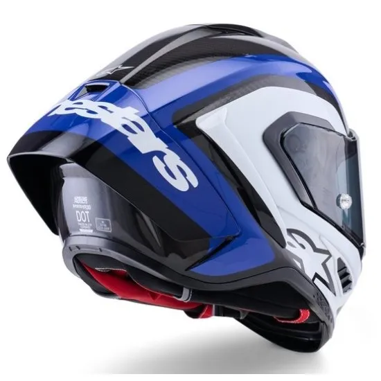 Alpinestars Supertech R10 Arius каска в черно, синьо и бяло - преден изглед с тонирано визьор и карбонова черупка