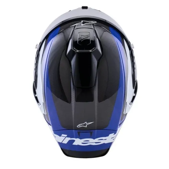 Alpinestars Supertech R10 Arius каска в черно, синьо и бяло - преден изглед с тонирано визьор и карбонова черупка