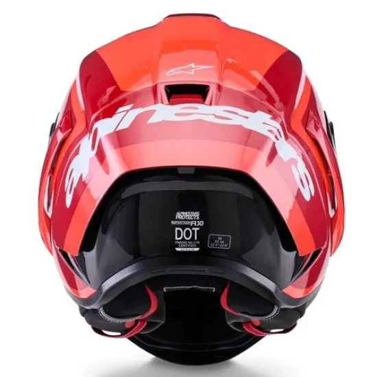 Alpinestars Supertech R10 Arius в червено с тъмен визьор, бял графичен акцент и черен подбрадник - изглед отпред, отзад и от