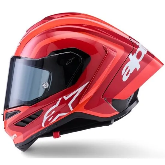 Alpinestars Supertech R10 Arius в червено с тъмен визьор, бял графичен акцент и черен подбрадник - изглед отпред, отзад и от