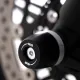 Черни краш тапи R&G Racing APEX монтирани на оста на Triumph Speed Twin 1200, с анодирано алуминиево тяло и централен болт с