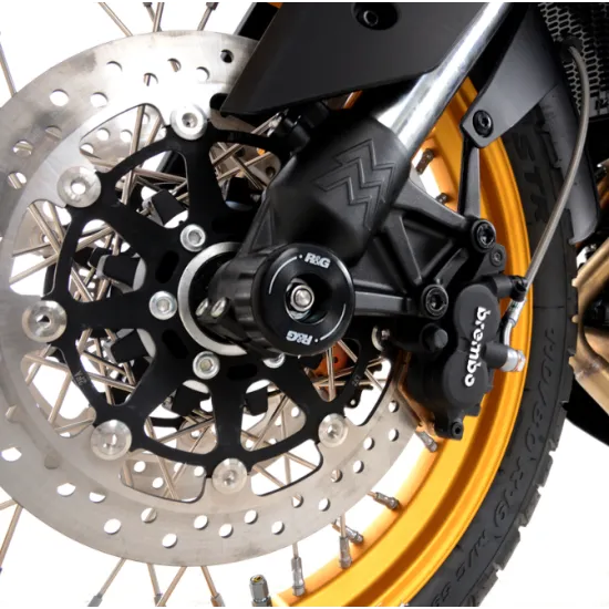 Черни краш тапи R&G Racing монтирани на оста на предното колело на Moto Morini X-Cape 650 с видим спирачен диск и апарат