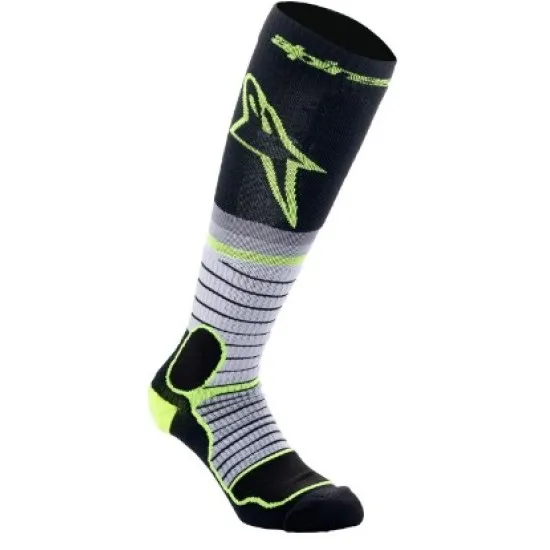 Дълги мотокрос чорапи Alpinestars MX Pro в черно, сиво и флуоресцентно жълто с лого звезда по прасеца