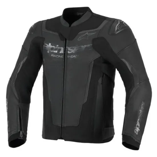Черно кожено мото яке Alpinestars GP Force V2 с твърди раменни и лакътни протектори, матово лого Racing Ahead и перфорирани