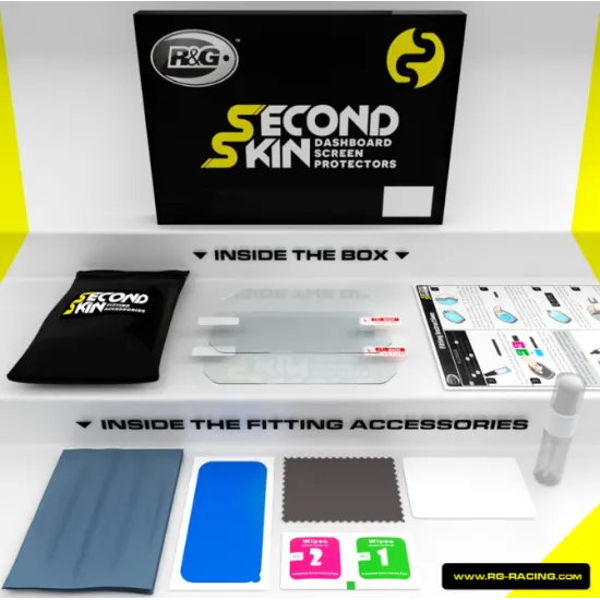 Комплект R&G Racing Second Skin в черна кутия с жълти надписи, включващ прозрачен протектор за екран, мини спрей бутилка, суедна кърпа, микрофибърна кърпа, скрепер и кърпички за почистване
