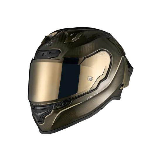 Спортна мото каска NEXX X.R3R в матово златисто и тъмнозелено карбоново покритие с прозрачен тониран визьор, аеродинамичен спойлер и множество вентилационни отвори
