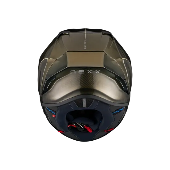 Спортна мото каска NEXX X.R3R в матово златисто и тъмнозелено карбоново покритие с прозрачен тониран визьор, аеродинамичен спойлер и множество вентилационни отвори