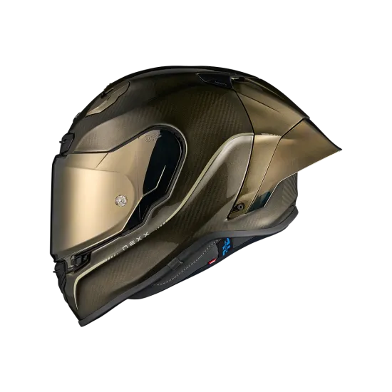 Спортна мото каска NEXX X.R3R в матово златисто и тъмнозелено карбоново покритие с прозрачен тониран визьор, аеродинамичен спойлер и множество вентилационни отвори