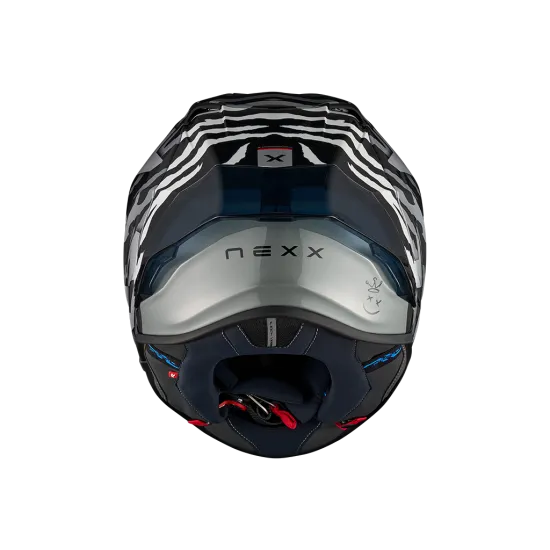 NEXX X.R3R ZIGER каска в сиво-черна камуфлажна графика с мълнии, затъмнено визьор и спортен аеродинамичен профил