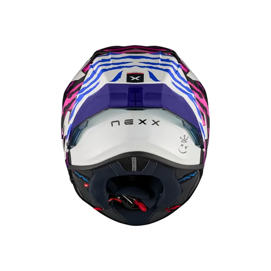 Спортна каска NEXX X.R3R с ярък дизайн в лилаво, синьо и розово, син иридиев визьор и геометрични графики