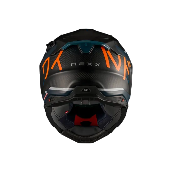 Спортна мото каска NEXX X.WST3 в тъмносин мат с оранжеви акценти, карбонова текстура и тониран визьор
