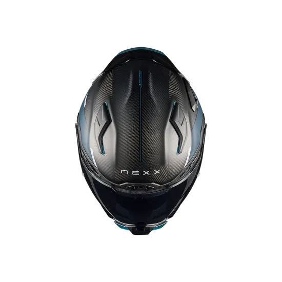 Спортна мото каска NEXX X.WST3 в тъмносин мат с оранжеви акценти, карбонова текстура и тониран визьор