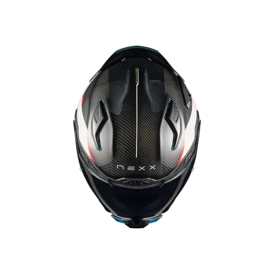 Спортна каска NEXX X.WST3 MANGA в бяло и червено с въглеродни акценти, тъмно визьор и агресивен графичен дизайн