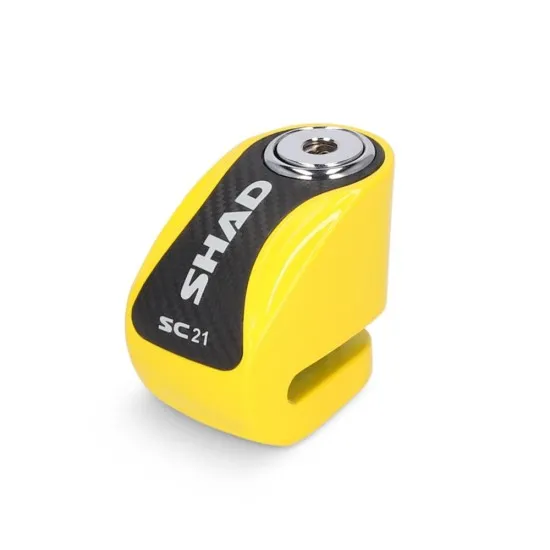 Жълта дискова ключалка SHAD SC21 с карбонов панел, хромиран щифт 6мм и push-down система за мотоциклет