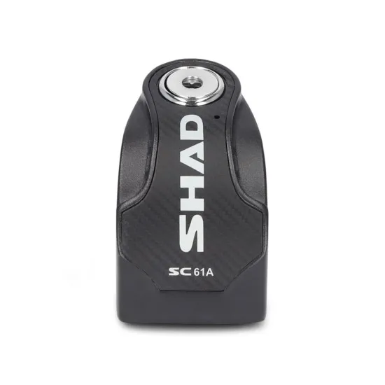 Черна дискова ключалка SHAD SC61A с карбонова текстура, хромиран пин и лого, заключена позиция