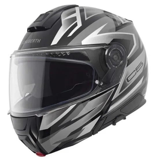 Матово черна flip-up каска SCHUBERTH C5 Zenith с геометрични сиво-бели графики, прозрачен визьор и логото на марката отстрани