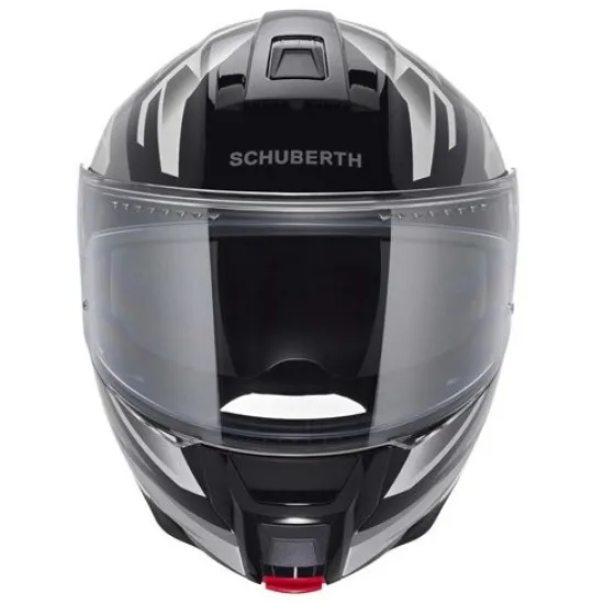Матово черна flip-up каска SCHUBERTH C5 Zenith с геометрични сиво-бели графики, прозрачен визьор и логото на марката отстрани