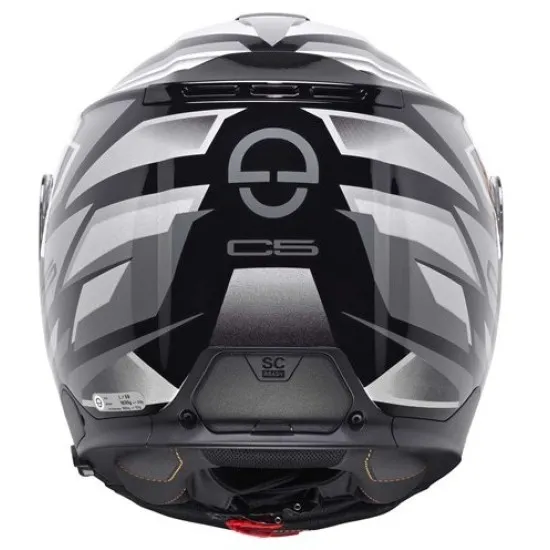 Матово черна flip-up каска SCHUBERTH C5 Zenith с геометрични сиво-бели графики, прозрачен визьор и логото на марката отстрани
