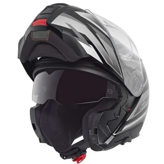 Матово черна flip-up каска SCHUBERTH C5 Zenith с геометрични сиво-бели графики, прозрачен визьор и логото на марката отстрани