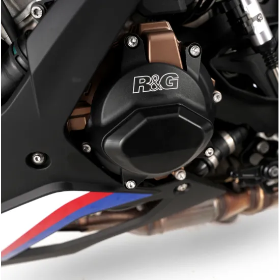 Черен алуминиев протектор R&G PRO с бронзов капак на генератора BMW S1000RR, лазерно гравирано лого и полигонален Skidder