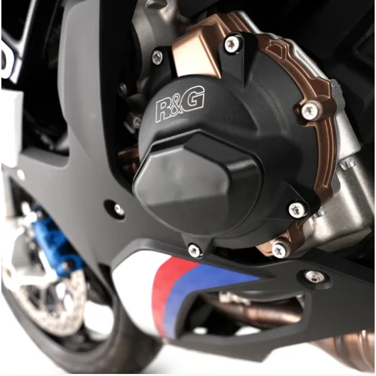Черен алуминиев протектор R&G PRO с бронзов капак на генератора BMW S1000RR, лазерно гравирано лого и полигонален Skidder