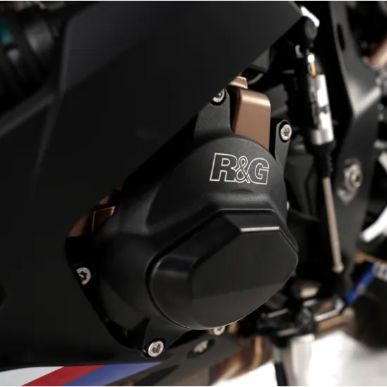 Черен алуминиев протектор R&G PRO с бронзов капак на генератора BMW S1000RR, лазерно гравирано лого и полигонален Skidder