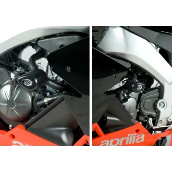 Черни краш тапи R&G Racing Aero монтирани на двигателен блок на Aprilia RS4 125 - ляв и десен преден ъгъл
