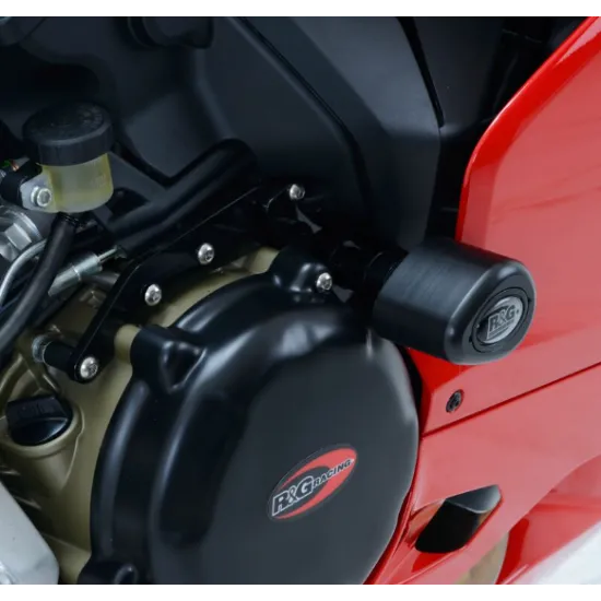 Черна краш тапа R&G Racing Aero монтирана на червена Ducati Panigale - изглед на рамката и жълтия амортисьор Öhlins