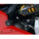 Черна краш тапа R&G Racing Aero монтирана на червена Ducati Panigale - изглед на рамката и жълтия амортисьор Öhlins