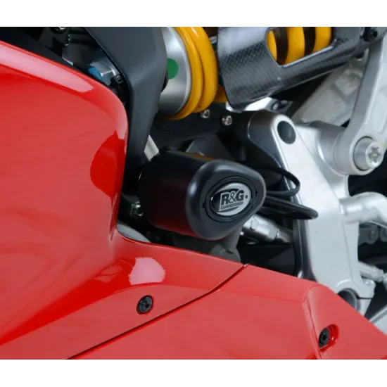 Черна краш тапа R&G Racing Aero монтирана на червена Ducati Panigale - изглед на рамката и жълтия амортисьор Öhlins