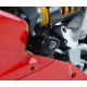Черна краш тапа R&G Racing Aero монтирана на червена Ducati Panigale - изглед на рамката и жълтия амортисьор Öhlins