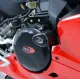 Черна краш тапа R&G Racing Aero монтирана на червена Ducati Panigale - изглед на рамката и жълтия амортисьор Öhlins