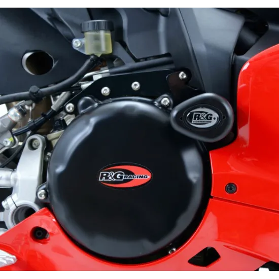 Черна краш тапа R&G Racing Aero монтирана на червена Ducati Panigale - изглед на рамката и жълтия амортисьор Öhlins