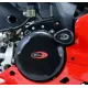 Черна краш тапа R&G Racing Aero монтирана на червена Ducati Panigale - изглед на рамката и жълтия амортисьор Öhlins