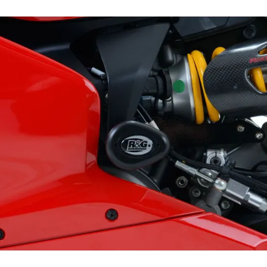 Черна краш тапа R&G Racing Aero монтирана на червена Ducati Panigale - изглед на рамката и жълтия амортисьор Öhlins