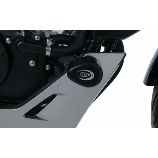 Черна краш тапа R&G Racing Aero с лого, монтирана на сив обтекател на Honda CB125R Neo Sport