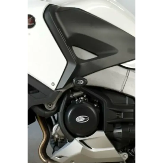 Черни краш тапи R&G Racing Aero монтирани на Honda Crosstourer, позиционирани пред обтекателя над двигателен картер с надпис