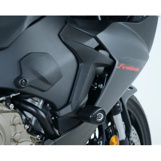 Черни краш тапи R&G Racing Aero монтирани на матово сив обтекател на Honda CBR1000RR Fireblade с видим логотип и носещ