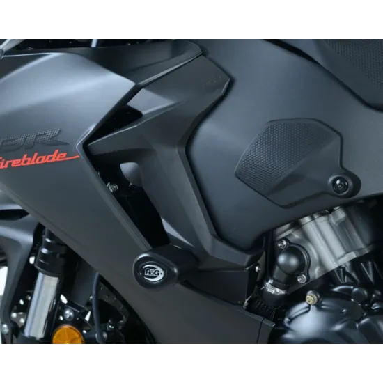 Черни краш тапи R&G Racing Aero монтирани на матово сив обтекател на Honda CBR1000RR Fireblade с видим логотип и носещ