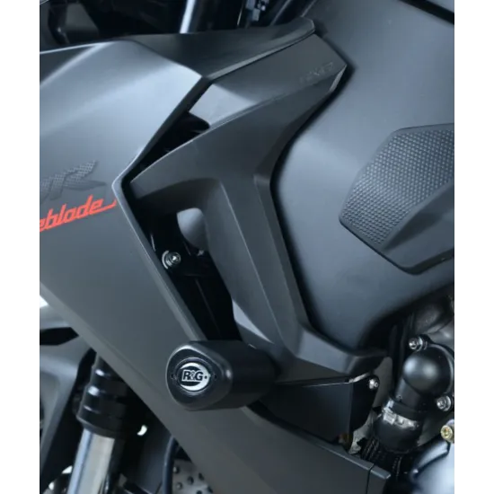 Черни краш тапи R&G Racing Aero монтирани на матово сив обтекател на Honda CBR1000RR Fireblade с видим логотип и носещ